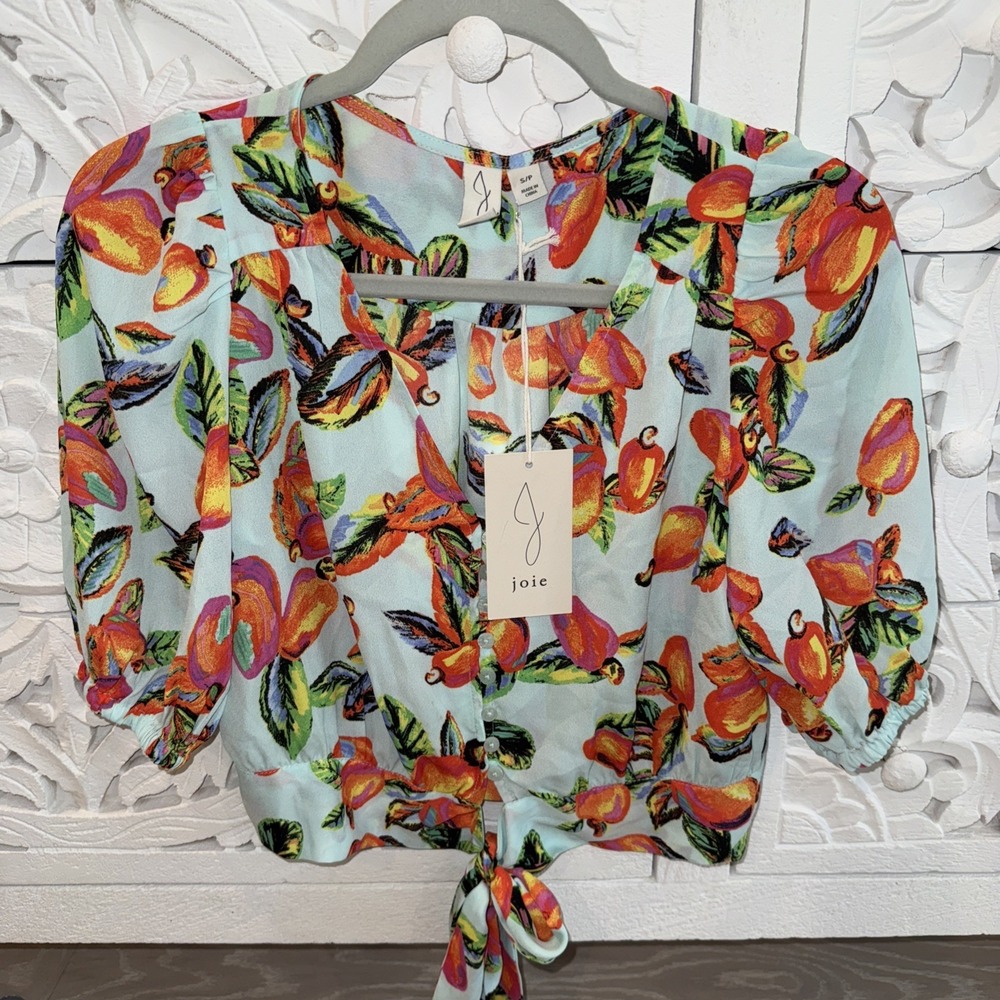 Joie Light Blue Floral Mango Tropical Top Small NWT Colorful Cropped Tie